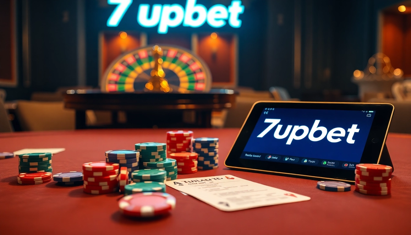 Exciting casino gaming scene showcasing 7upbet betting table with vibrant chips and cards.