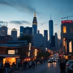 OnlyFans search by city in a lively urban scene with diverse neighborhoods and vibrant advertisements.