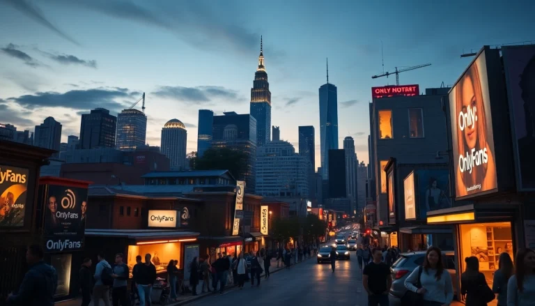 OnlyFans search by city in a lively urban scene with diverse neighborhoods and vibrant advertisements.