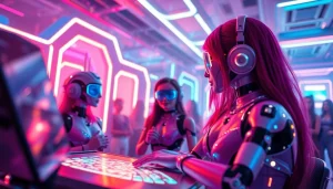 Engaging interaction in an AI porn chat setting, featuring vibrant characters and a captivating digital interface.