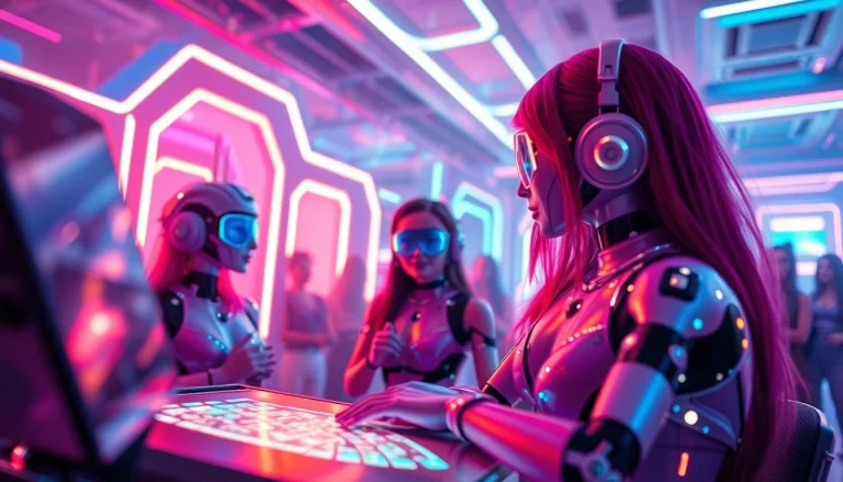 Engaging interaction in an AI porn chat setting, featuring vibrant characters and a captivating digital interface.