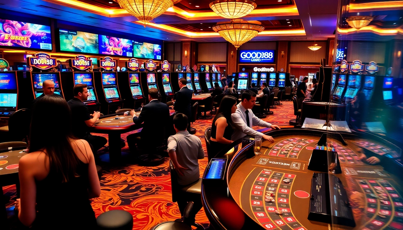 Players experiencing the excitement of gambling at GOOD88 casino tables, highlighting vibrant gaming atmosphere.