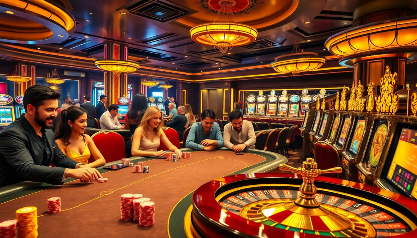 Players enjoying exciting games at https://jogoluck.br.com/ with colorful casino tables and vibrant atmosphere.