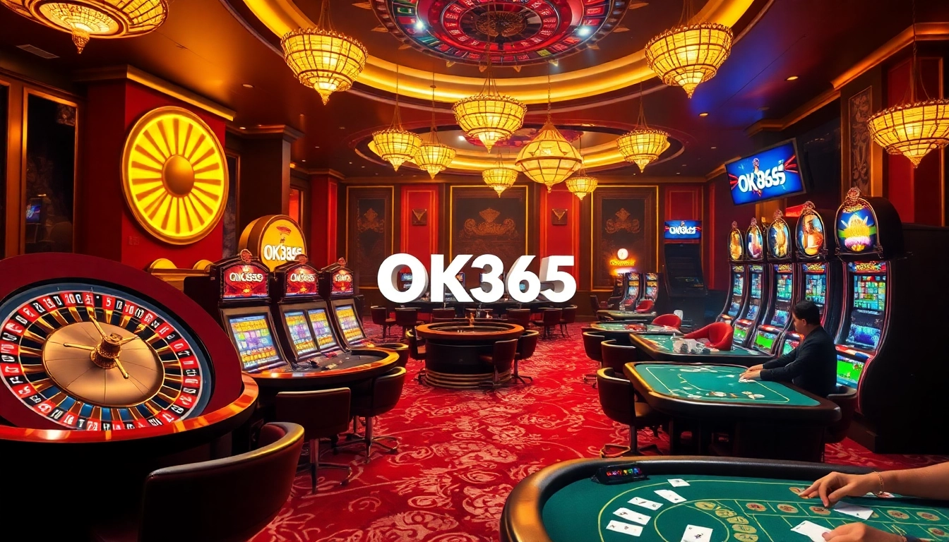 Players enjoying a thrilling casino atmosphere at OK365 with high-stakes tables and vibrant slot machines.