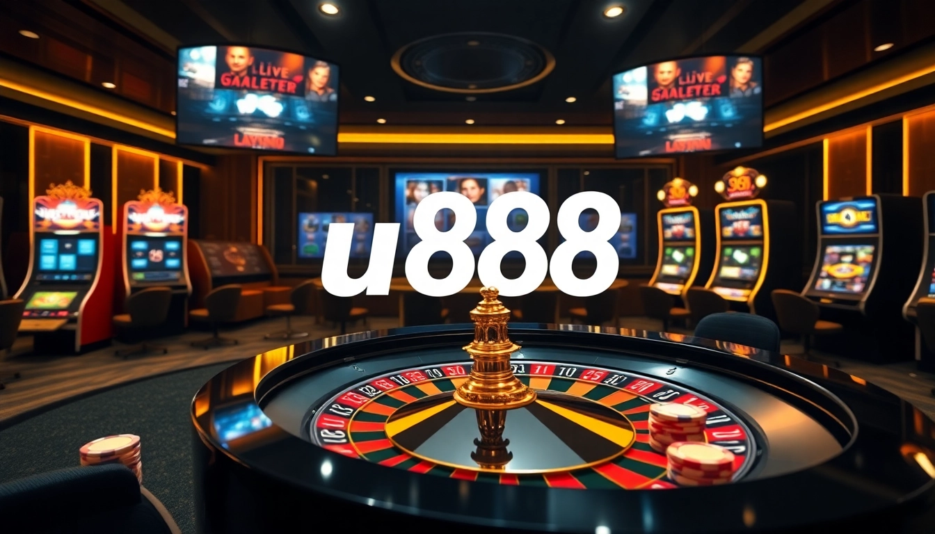 Betting excitement at u888 casino with roulette, poker chips, and slot machines.