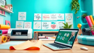 Vibrant crafting workspace with design bundles SVG and Cricut machines.