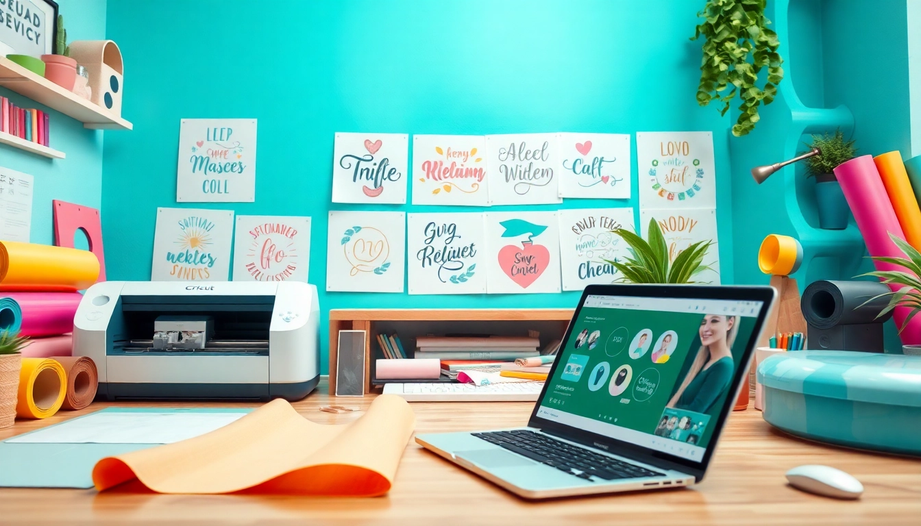 Vibrant crafting workspace with design bundles SVG and Cricut machines.