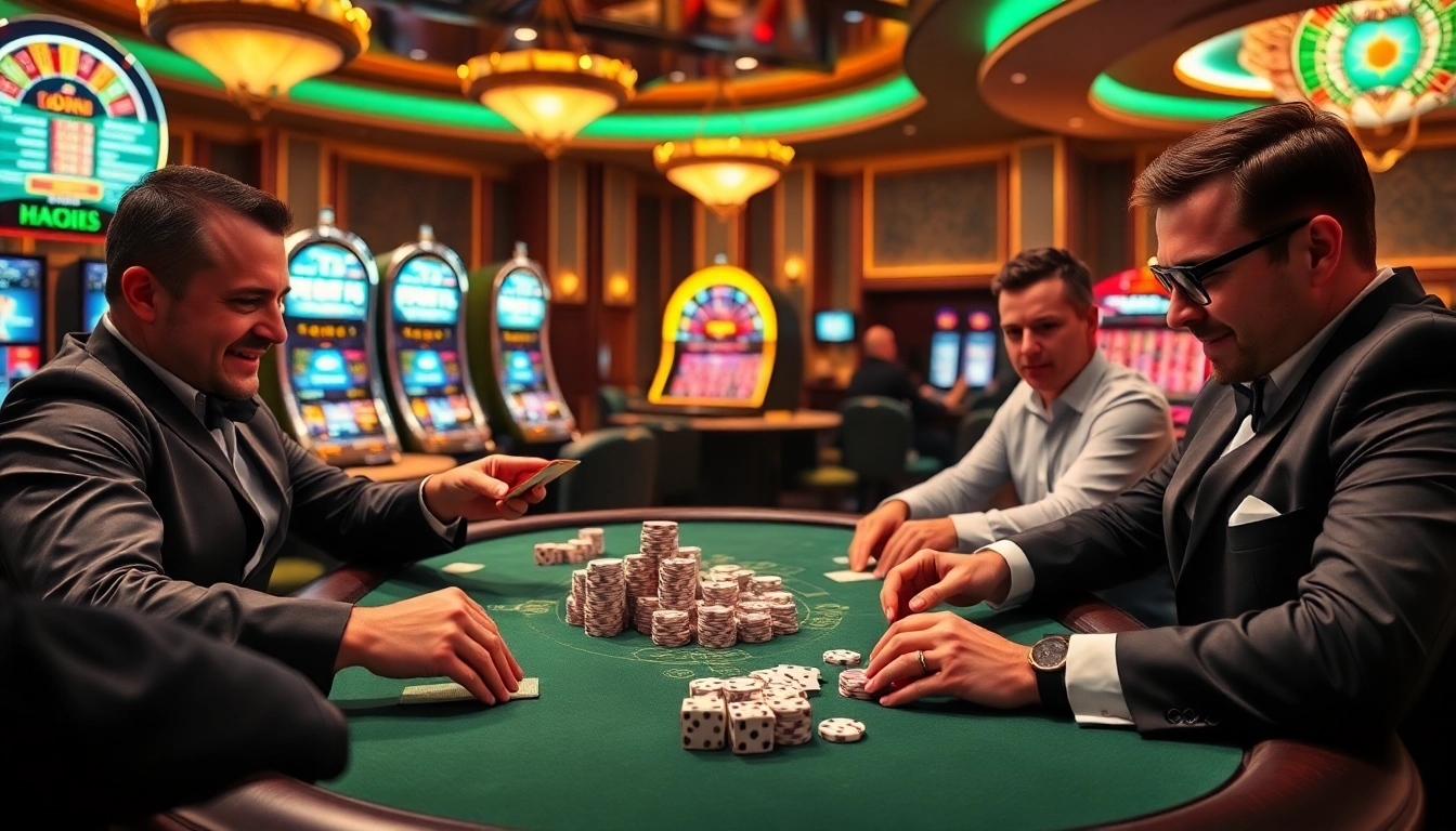 Engaged players at a poker table in mb66's luxurious casino setting with vibrant action.