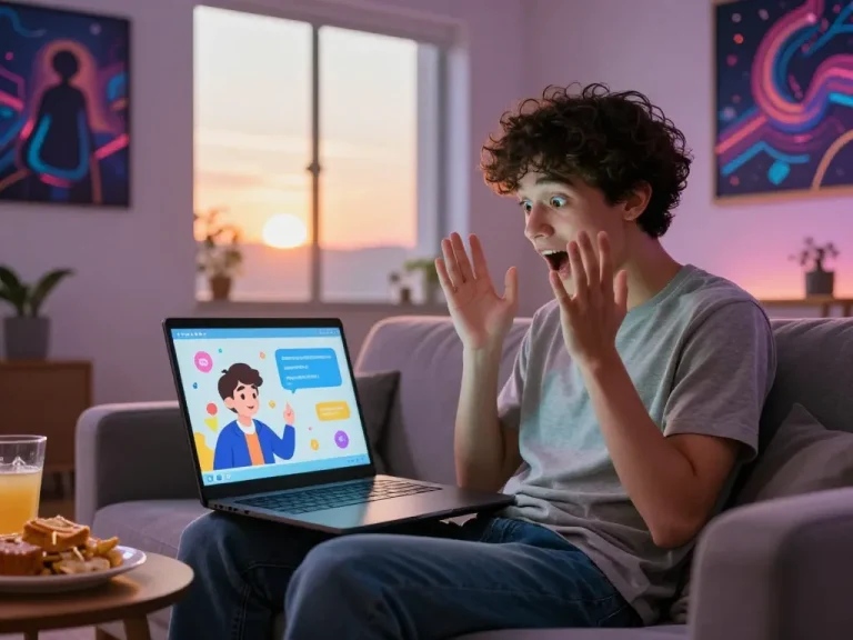Engaging NSFW character AI chat session with user on laptop, vibrant environment