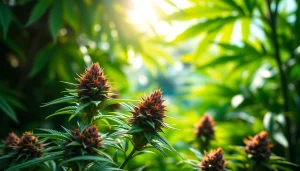 Showcasing Miami Runtz strain cannabis buds beautifully arranged with tropical greenery.