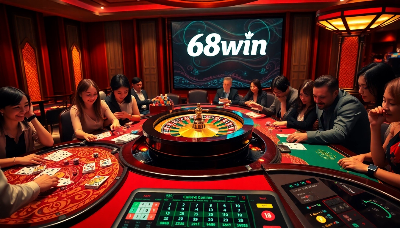 68win players enjoying a vibrant casino atmosphere with cards, chips, and roulette.