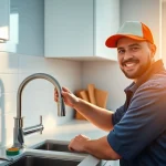 NYC emergency plumber fixing a leaky faucet in a modern kitchen.