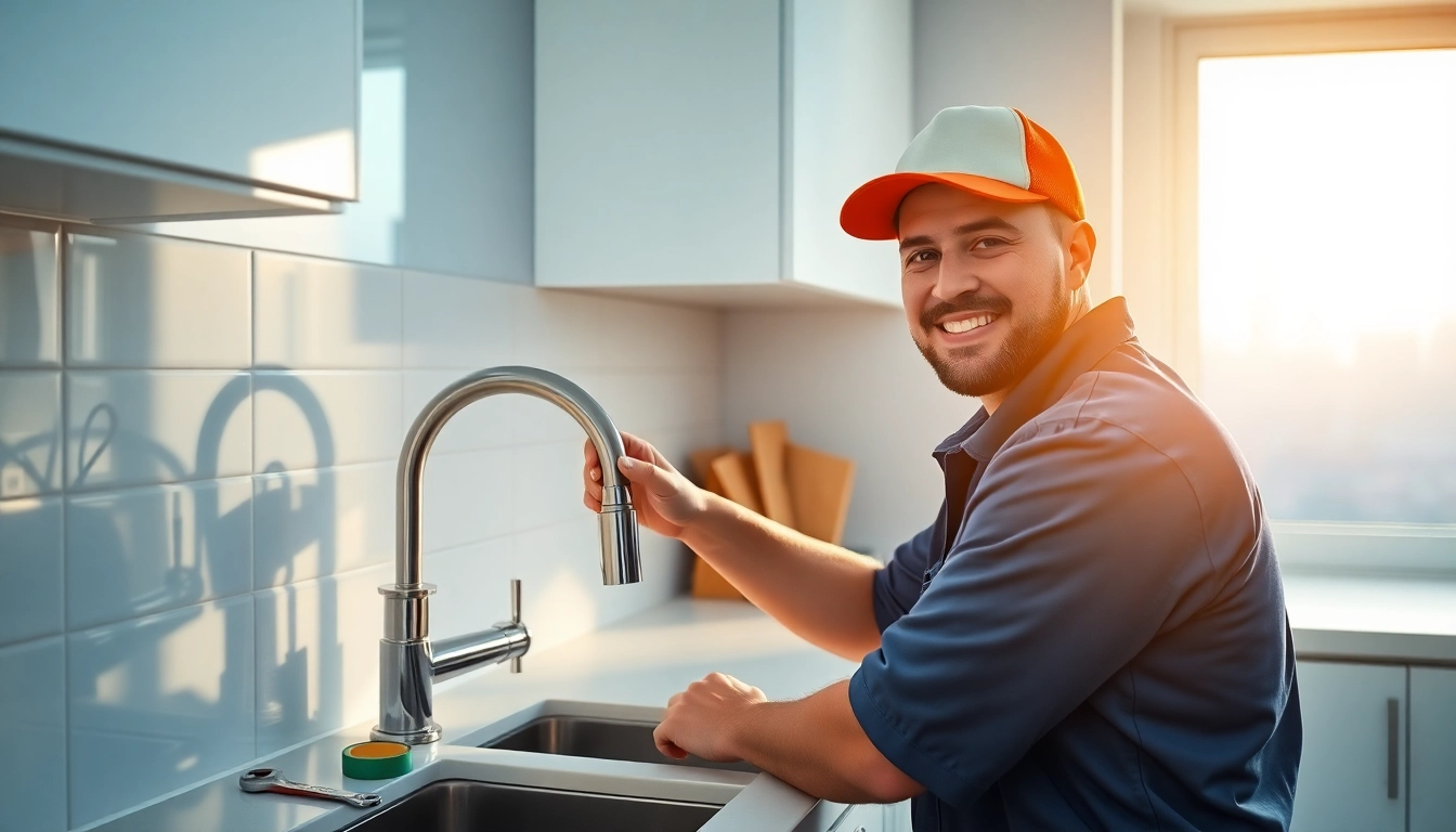 NYC emergency plumber fixing a leaky faucet in a modern kitchen.