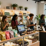 Friends exploring premium cannabis products at a modern shop to buy weed uk.