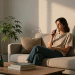 Enjoying thc disposable vape for wellness in a serene living space with organic elements and natural light.