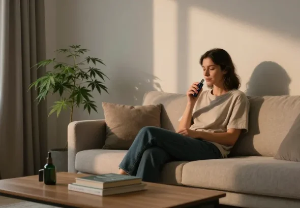 Enjoying thc disposable vape for wellness in a serene living space with organic elements and natural light.