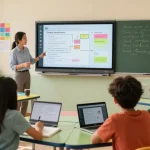 Dynamic classroom scene featuring a teacher using EMStudio online teacher planner with students collaborating on lesson plans, showcasing a vibrant learning environment.