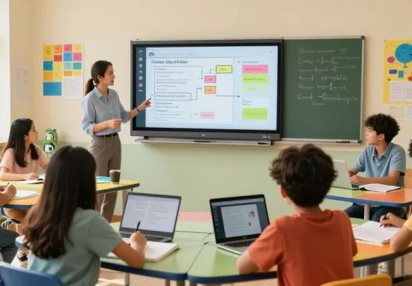 Dynamic classroom scene featuring a teacher using EMStudio online teacher planner with students collaborating on lesson plans, showcasing a vibrant learning environment.