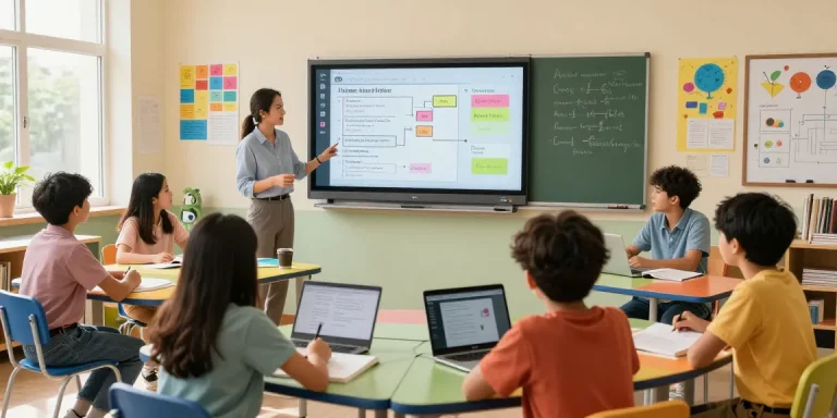 Dynamic classroom scene featuring a teacher using EMStudio online teacher planner with students collaborating on lesson plans, showcasing a vibrant learning environment.