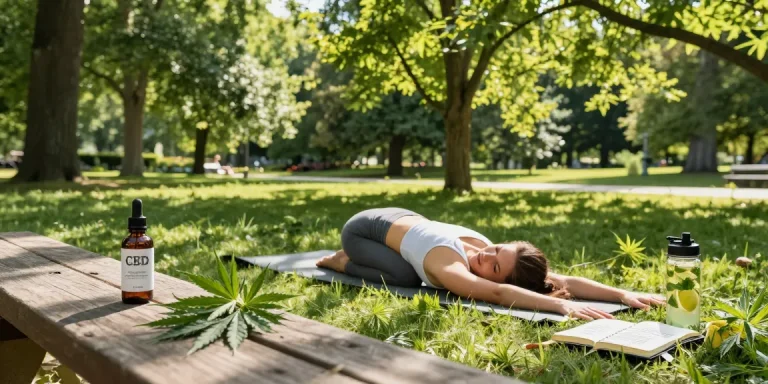 Ministry of Cannabis CBD oil in serene outdoor wellness scene with yoga and natural elements