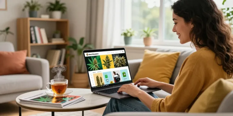 Engaging online cannabis shopping experience with weed online UK in a warm living room.