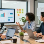 How Backlinks & Guest Posting Improve Organic Traffic in a digital marketing team meeting room, showcasing analytics and collaboration.