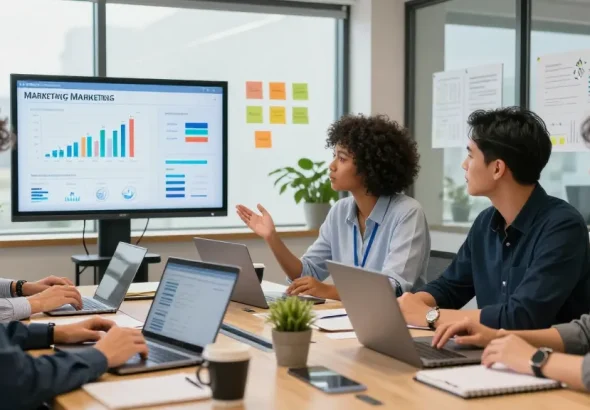 How Backlinks & Guest Posting Improve Organic Traffic in a digital marketing team meeting room, showcasing analytics and collaboration.